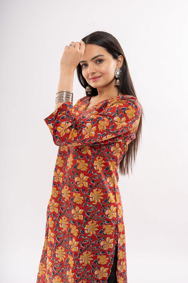 Ekisha women's cotton black floral printed angrakha kurta kurti
