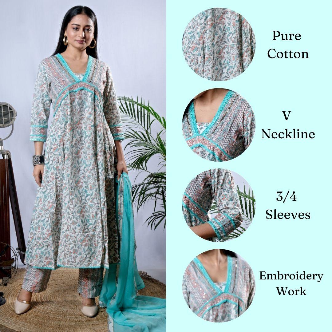 Ekisha's women printed cgreen embroidered cotton kurta and pant set with dupatta - Ekisha