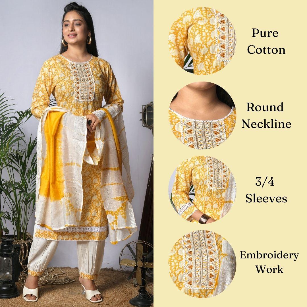 Ekisha's women printed yellow designer cotton kurta and pant set with dupatta - Ekisha