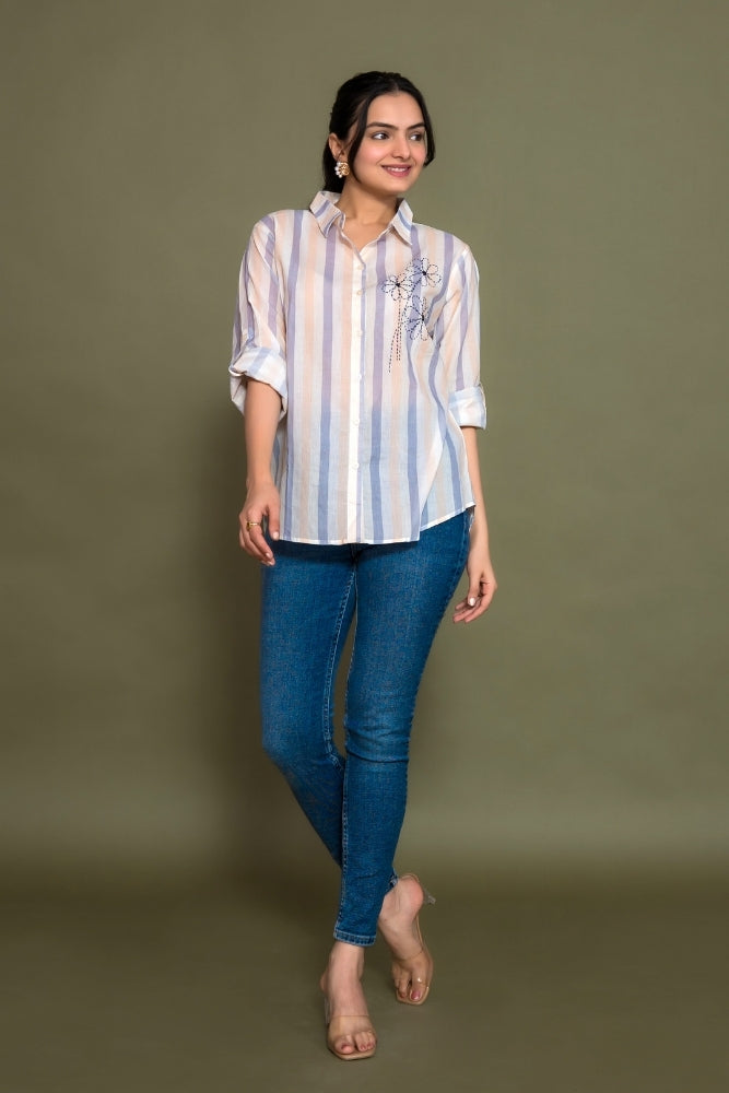 Ekisha women cotton white blue color stripes printed embroidered relaxed fit shirt, front view 5