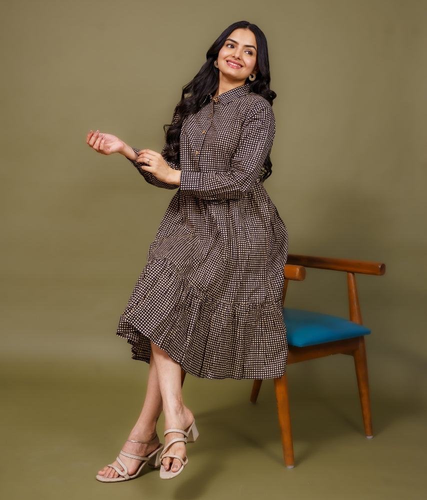 Ekisha's women black checks collared pure cotton midi dress, front view 5