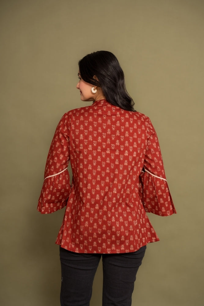 Ekisha's women floral maroon designer cotton tunic top short kurti, back view