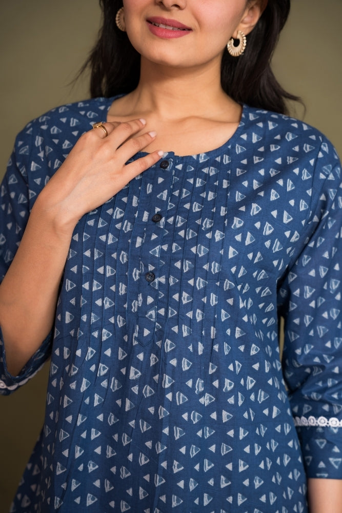 Ekisha's women blue abstract printed designer cotton tunic top short kurti, detailed view