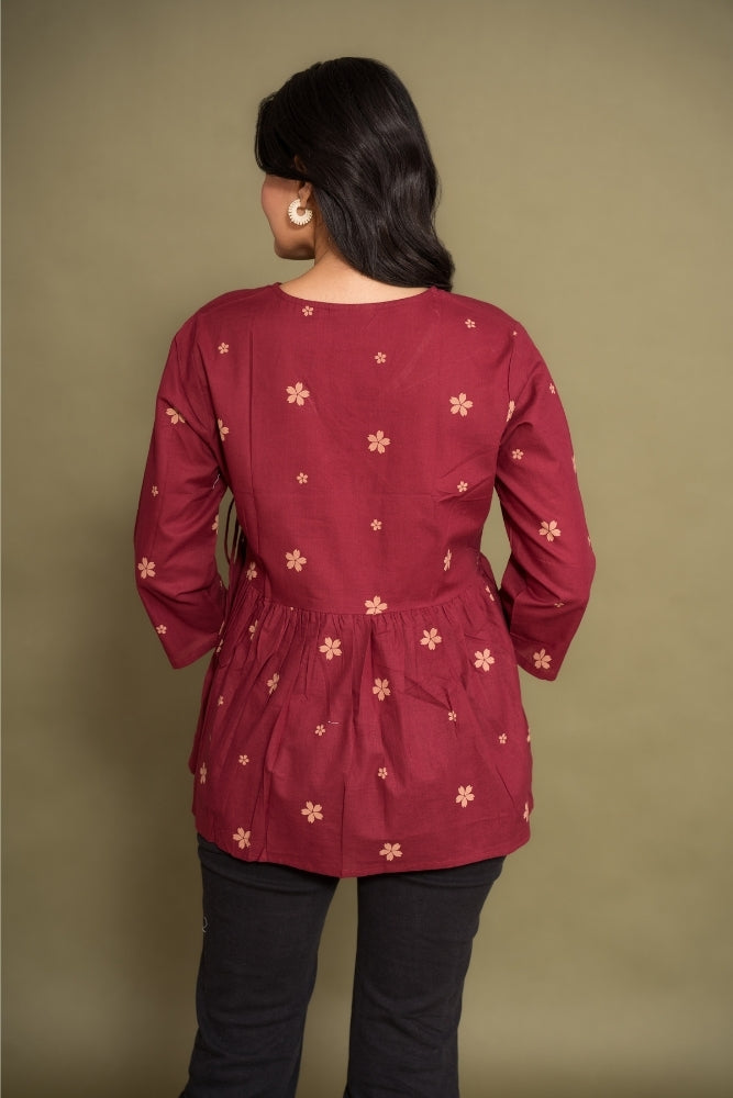 Ekisha's women dark rani abstract angrakha printed cotton tunic top short kurti, back view