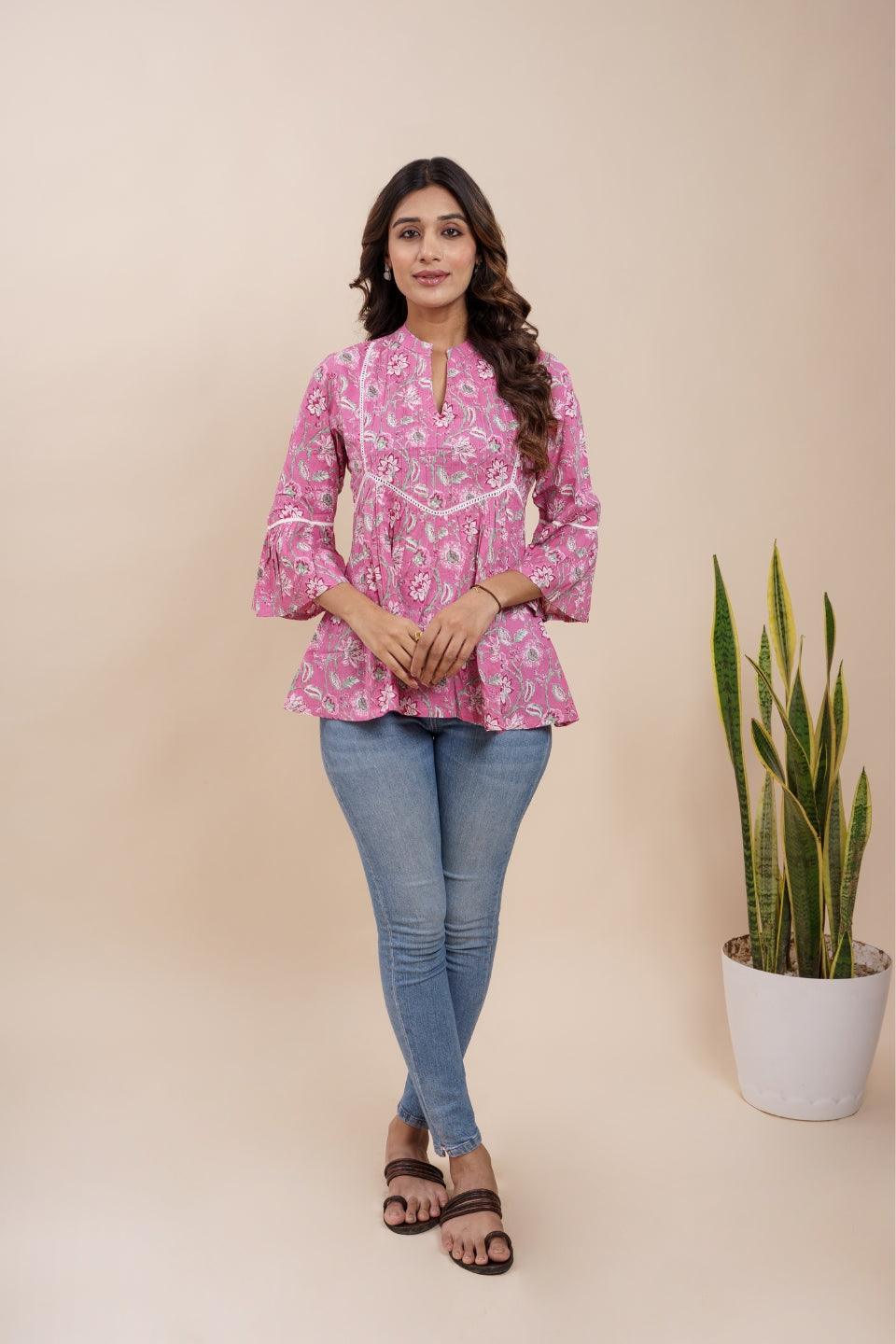 Ekisha's women pink beautiful designer floral printed cotton tunic top short kurti - Ekisha