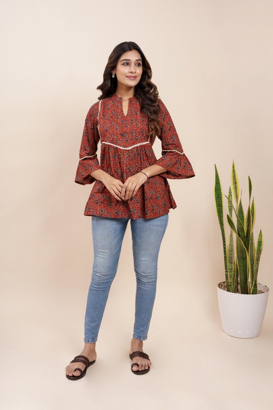 Ekisha's women maroon designer kalamkari floral printed cotton tunic top short kurti - Ekisha