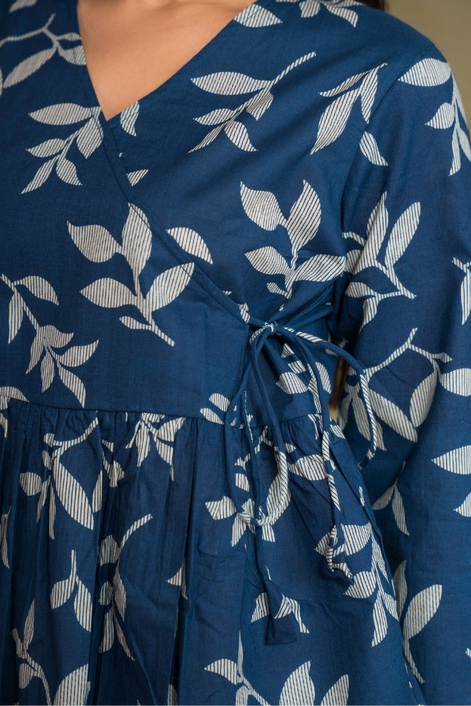 Ekisha's women blue abstract angrakha printed cotton tunic top short kurti, detailed view