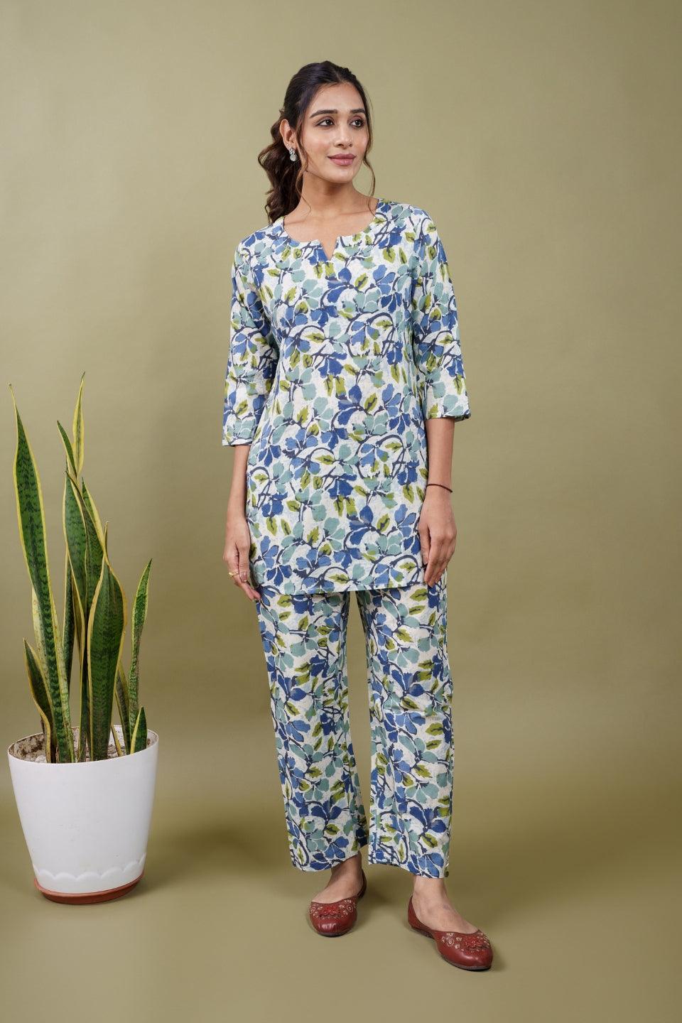 Ekisha's women white multicolor floral printed cotton co-ord set lounge wear - Ekisha