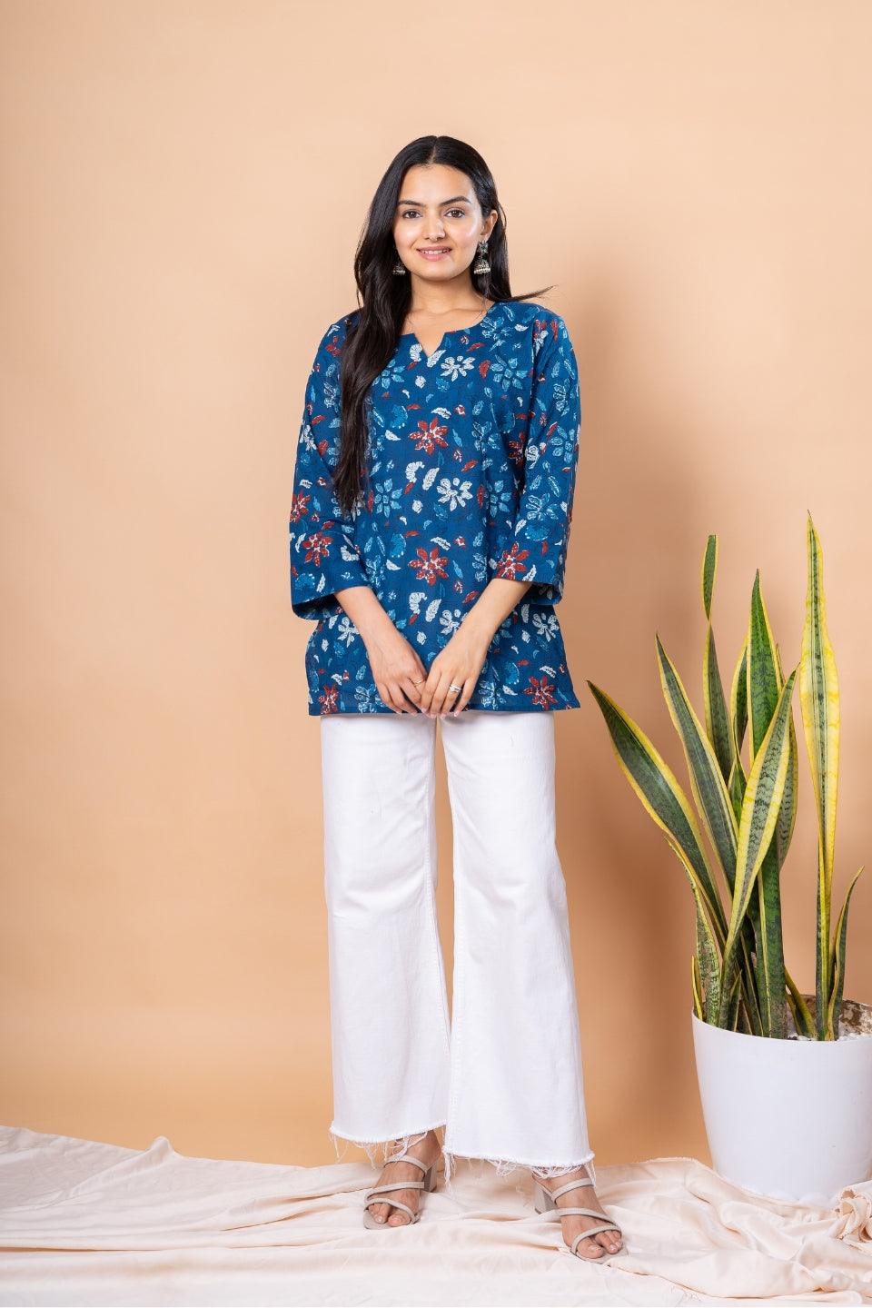 Ekisha's women blue designer floral printed cotton tunic top short kurti - Ekisha