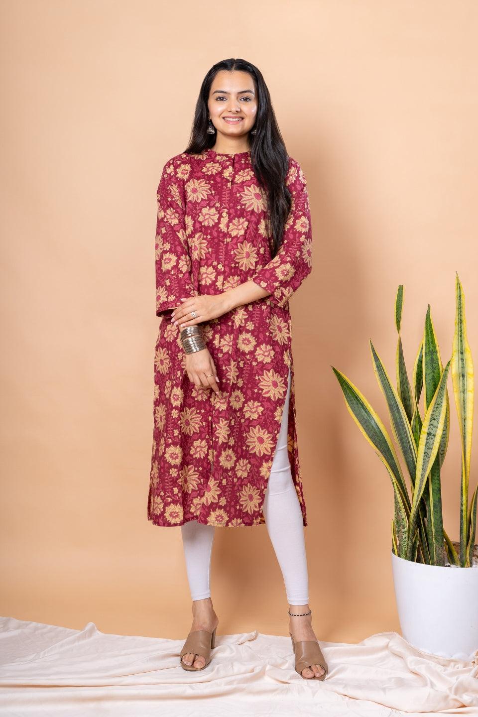 Ekisha women's Maroon designer printed multicolor floral printed straight kurta kurti - Ekisha