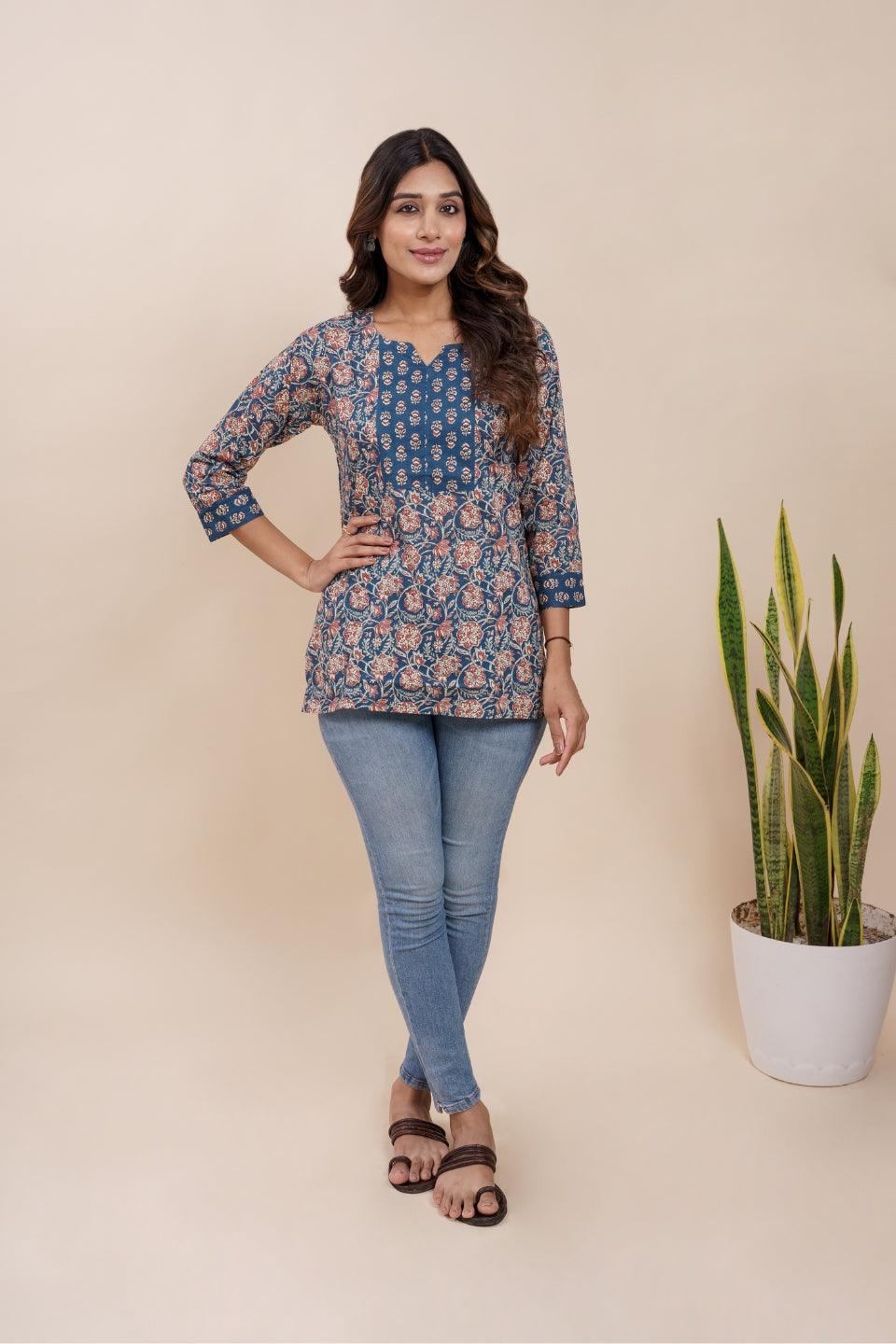 Ekisha's women blue beautiful designer floral printed cotton tunic top short kurti - Ekisha