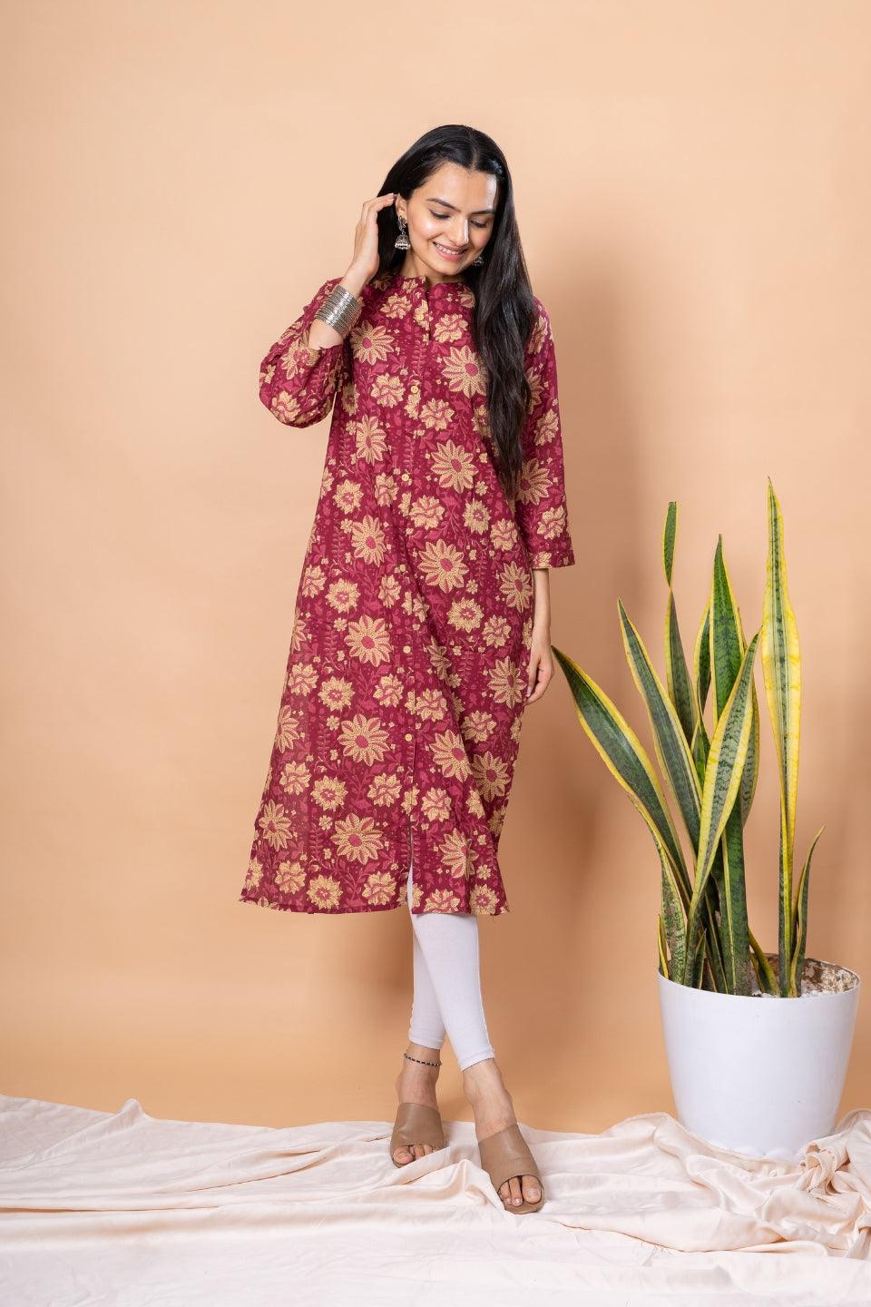 Ekisha women's Maroon designer printed multicolor floral printed straight kurta kurti - Ekisha