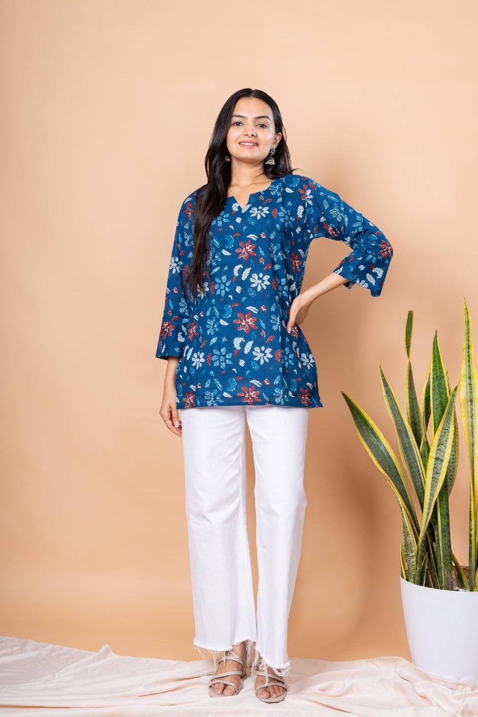 Ekisha's women blue designer floral printed cotton tunic top short kurti - Ekisha