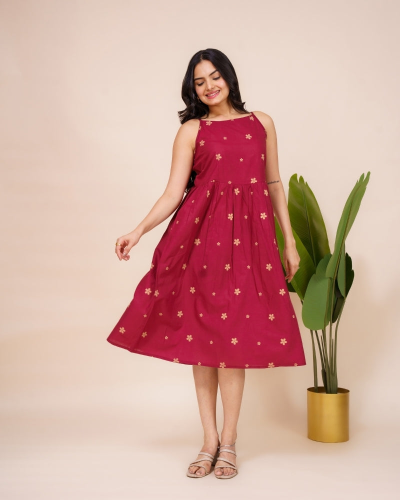 Ekisha's women dark wine floral printed sleeveless pure cotton midi dress, front view 2