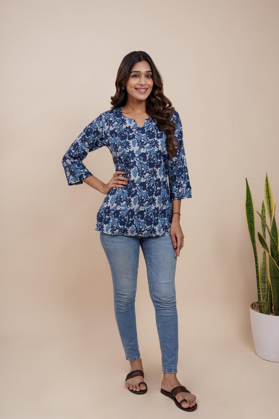 Ekisha's women blue multicolor beautiful designer floral printed cotton tunic top short kurti - Ekisha