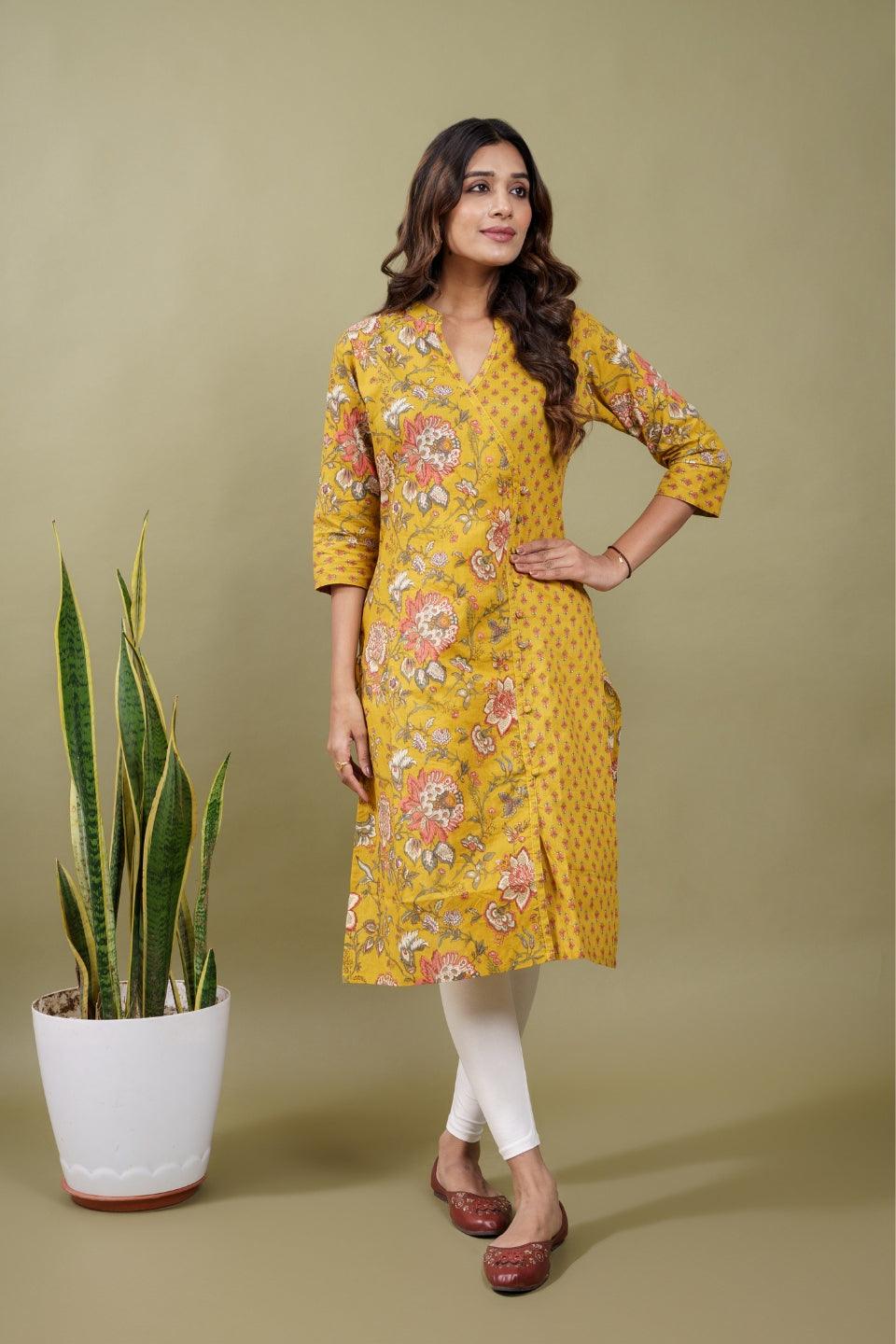 Ekisha women's cotton yellow floral printed angrakha kurta kurti - Ekisha