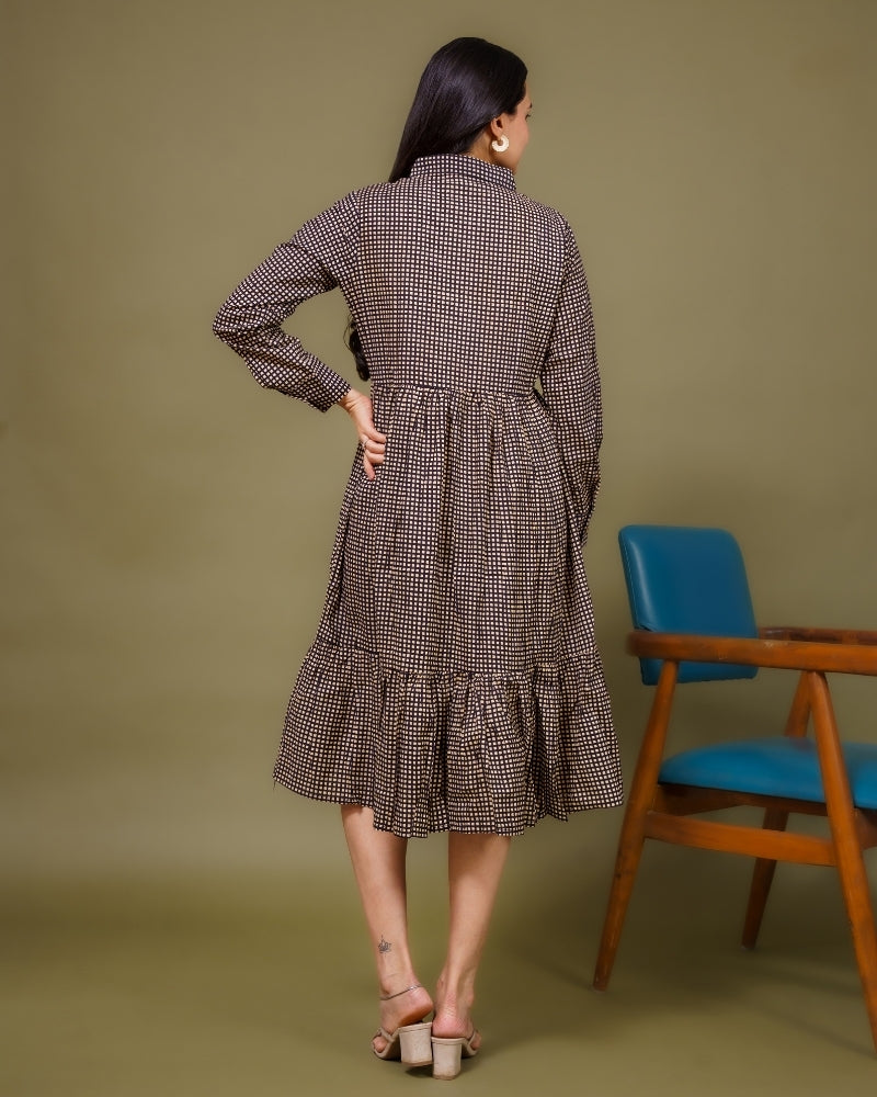 Ekisha's women black checks collared pure cotton midi dress, back view