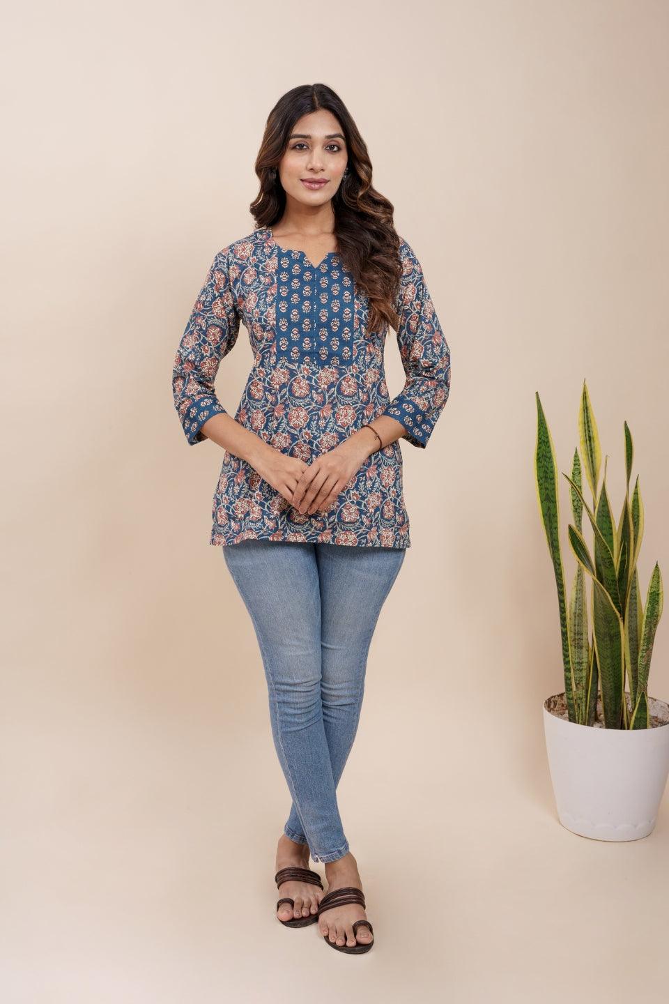 Ekisha's women blue beautiful designer floral printed cotton tunic top short kurti - Ekisha
