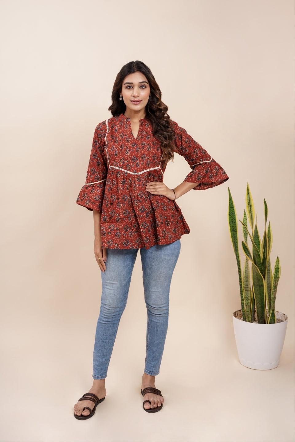 Ekisha's women maroon designer kalamkari floral printed cotton tunic top short kurti - Ekisha