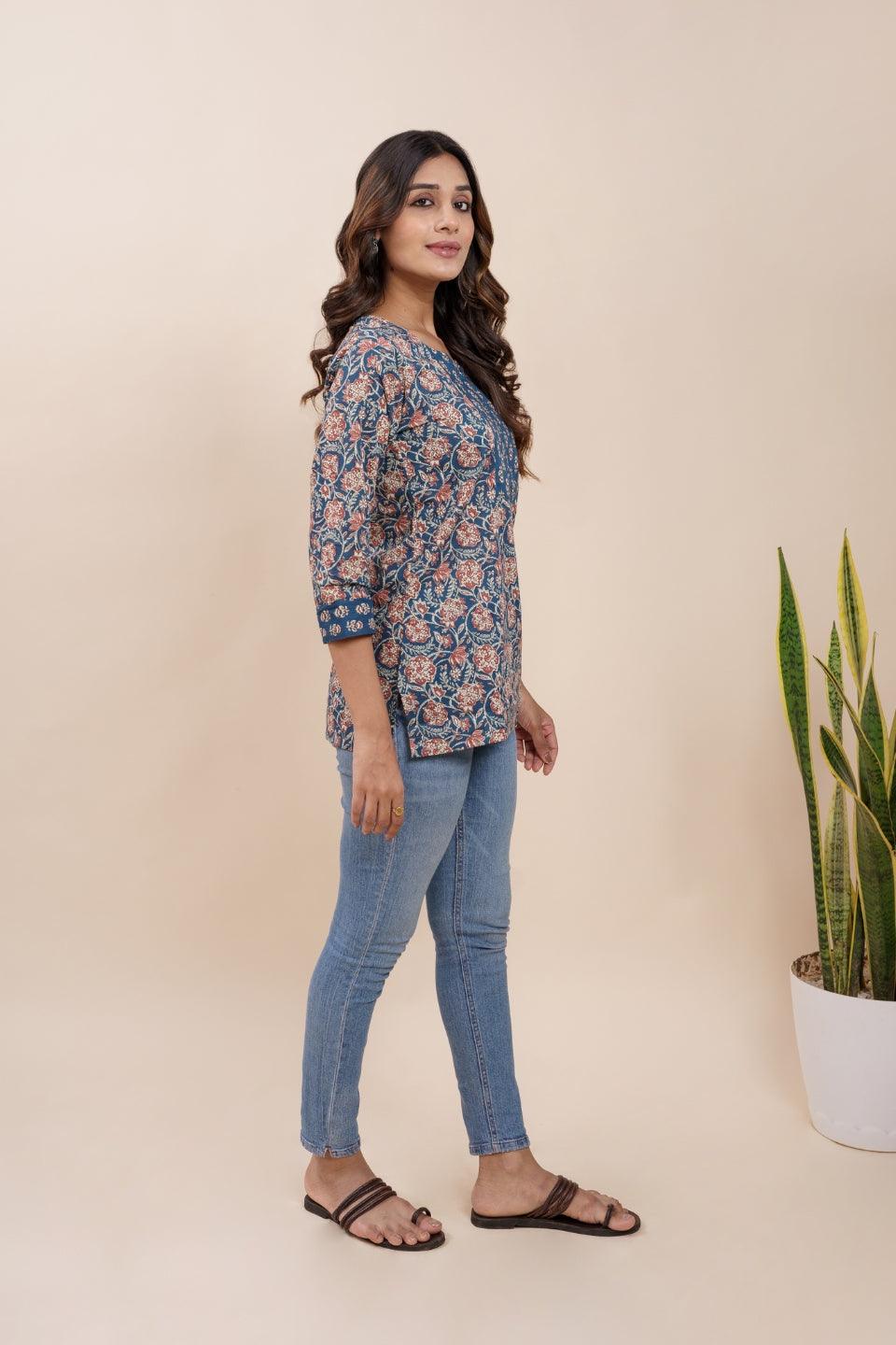 Ekisha's women blue beautiful designer floral printed cotton tunic top short kurti - Ekisha