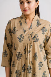 Women wearing beige A-line kurti with black buta block print and matching palazzo – Ekisha