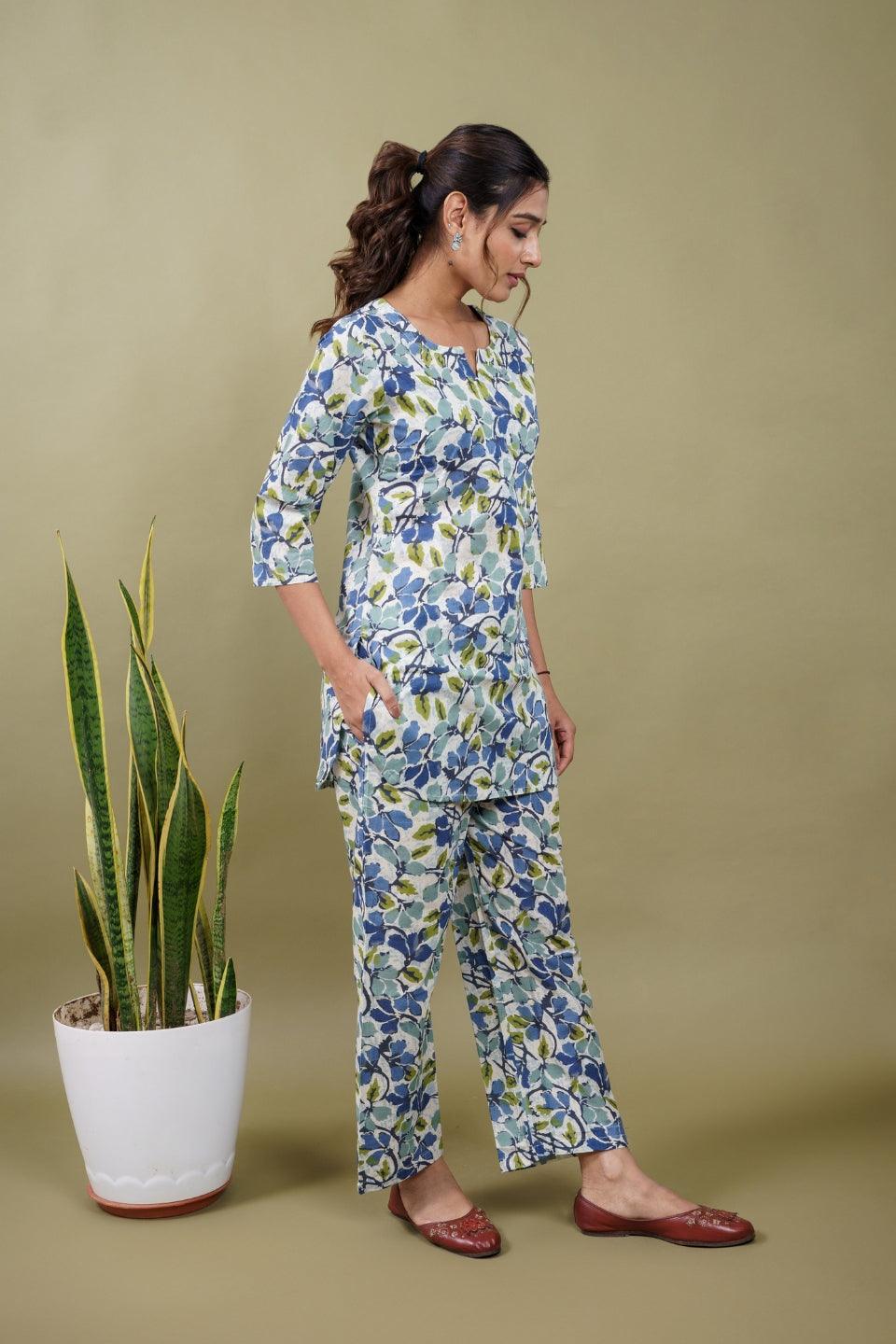 Ekisha's women white multicolor floral printed cotton co-ord set lounge wear - Ekisha