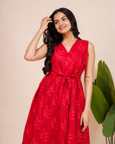 Ekisha's women red printed sleeveless pure cotton midi dress, front view 2