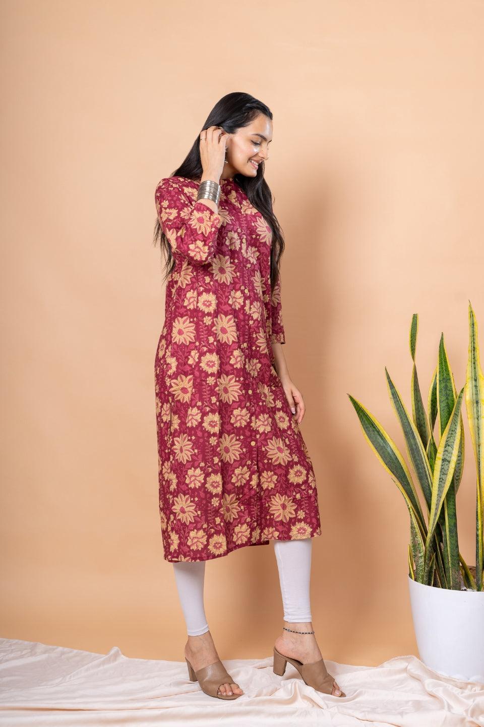 Ekisha women's Maroon designer printed multicolor floral printed straight kurta kurti - Ekisha