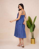 Ekisha's women blue abstract printed sleeveless pure cotton midi dress, back view