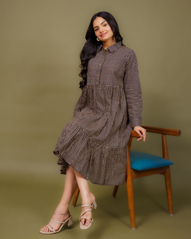 Ekisha's women black checks collared pure cotton midi dress, front view 4