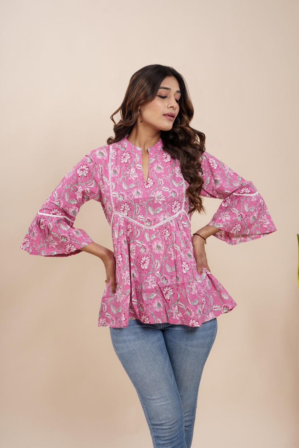 Ekisha's women pink beautiful designer floral printed cotton tunic top short kurti - Ekisha