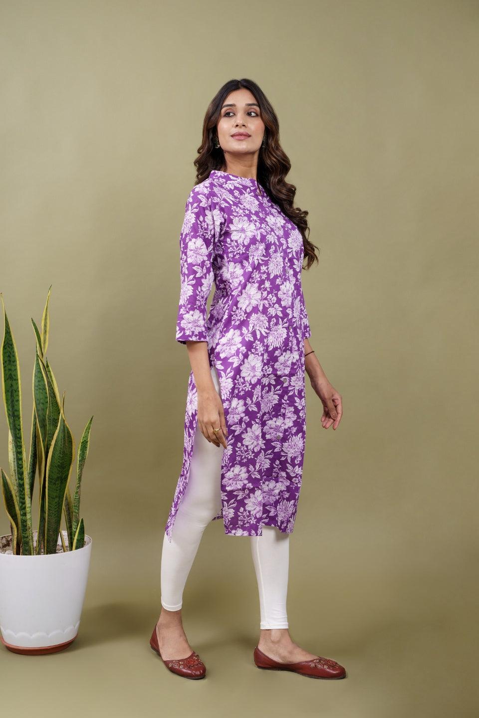 Ekisha women's cotton purple floral printed kurta kurti - Ekisha