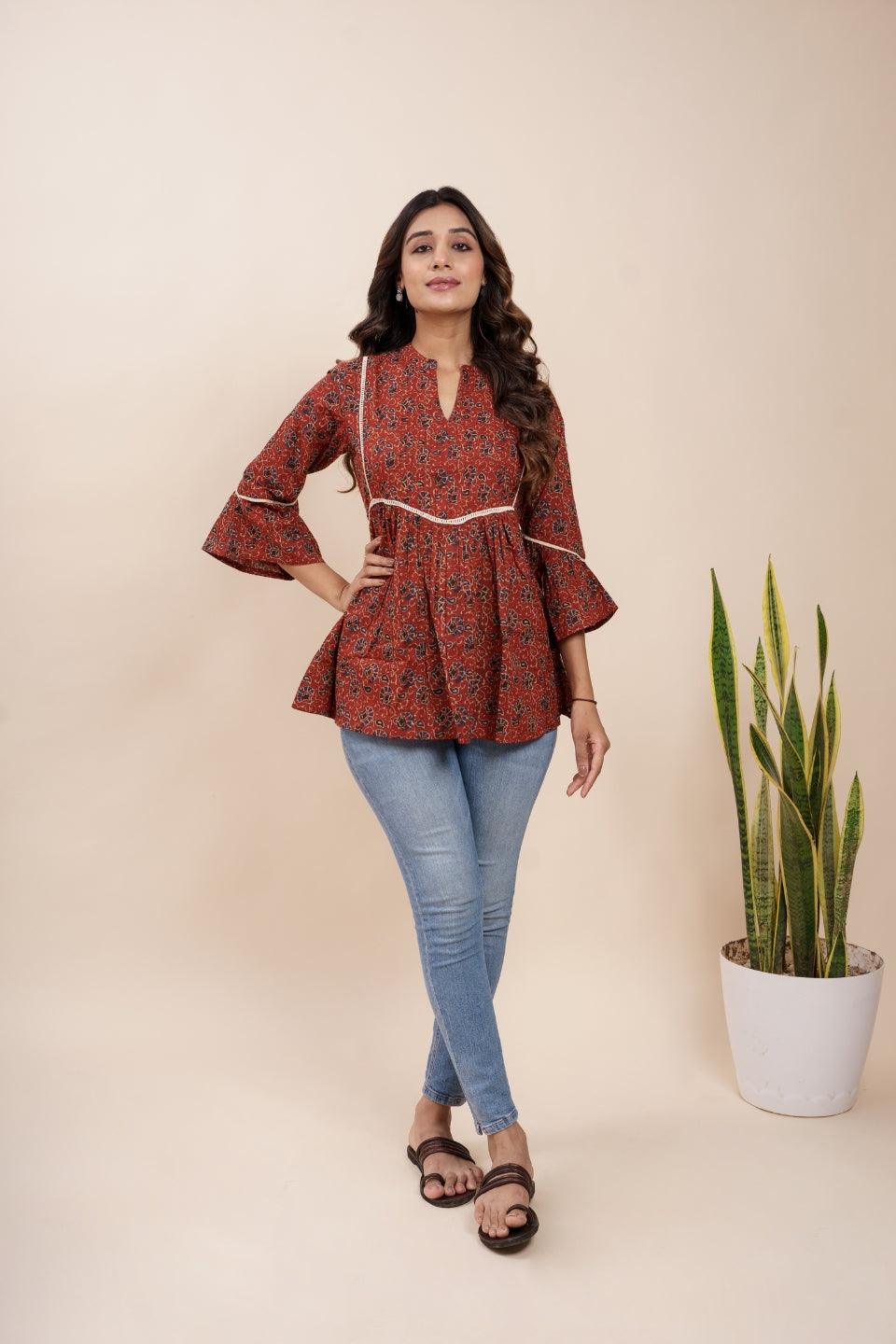 Ekisha's women maroon designer kalamkari floral printed cotton tunic top short kurti - Ekisha