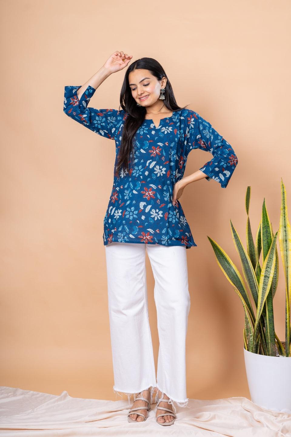 Ekisha's women blue designer floral printed cotton tunic top short kurti - Ekisha