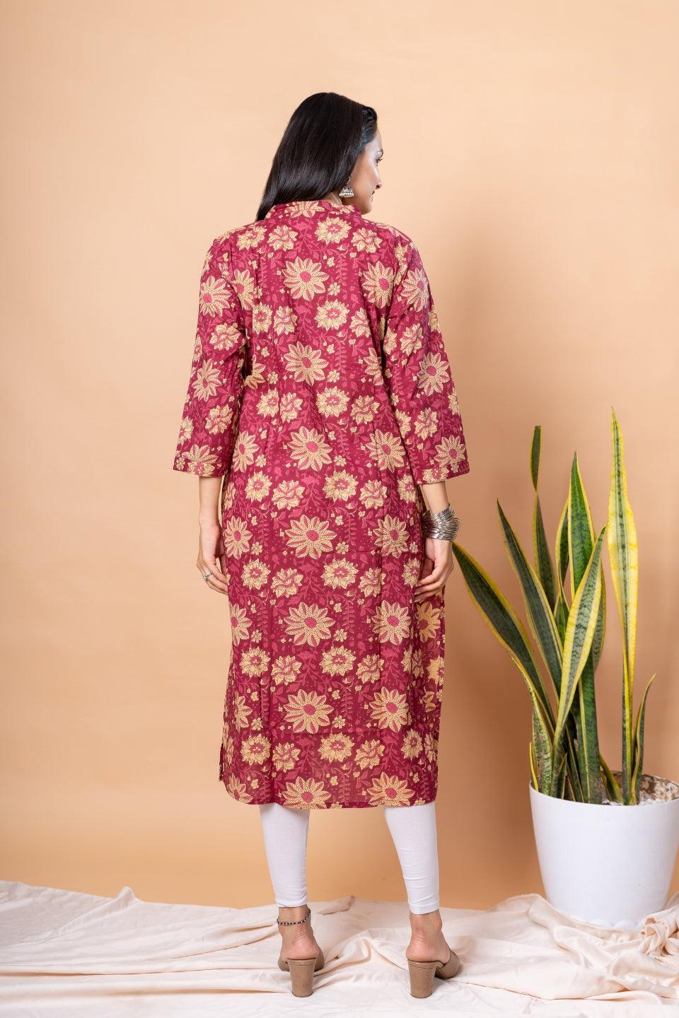 Ekisha women's Maroon designer printed multicolor floral printed straight kurta kurti - Ekisha