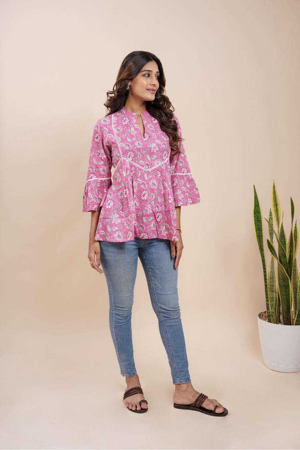 Ekisha's women pink beautiful designer floral printed cotton tunic top short kurti - Ekisha