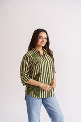 Women's olive stripe shirt collar and button placket detail