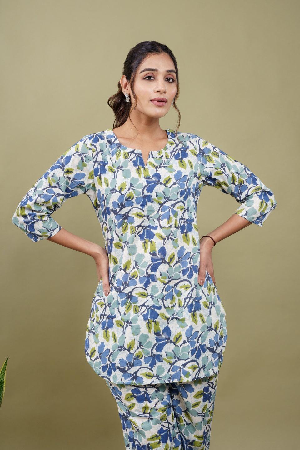 Ekisha's women white multicolor floral printed cotton co-ord set lounge wear - Ekisha