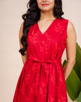 Ekisha's women red printed sleeveless pure cotton midi dress, detailed view
