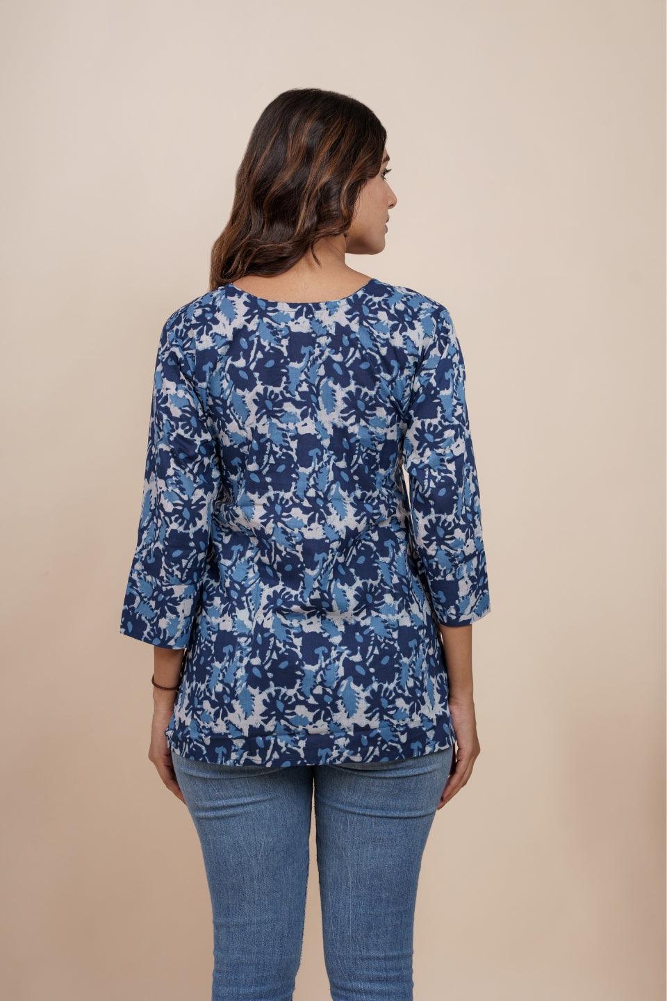 Ekisha's women blue multicolor beautiful designer floral printed cotton tunic top short kurti - Ekisha