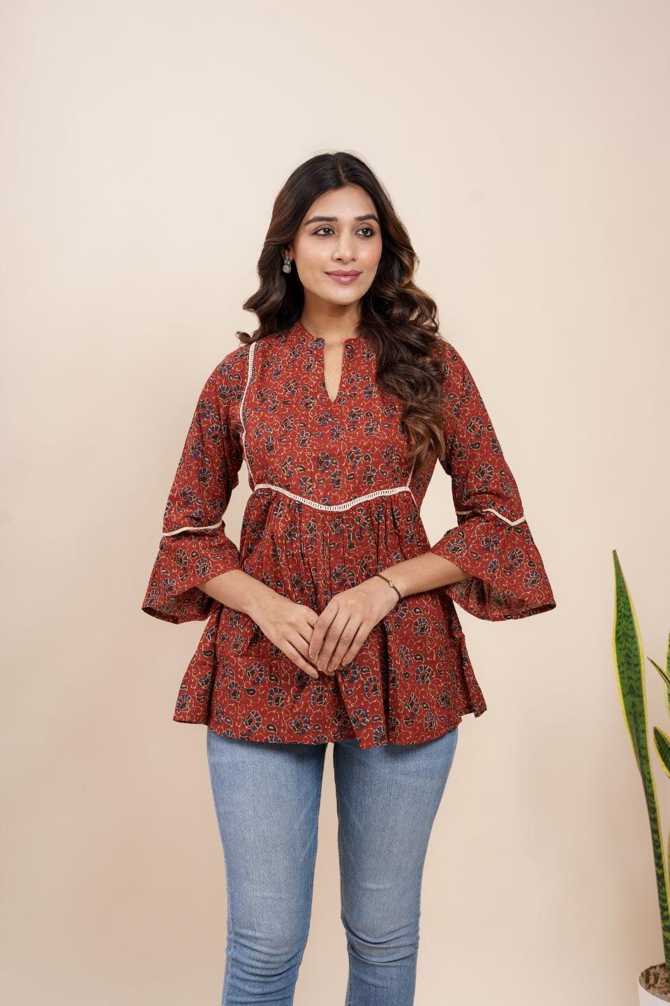 Ekisha's women maroon designer kalamkari floral printed cotton tunic top short kurti - Ekisha