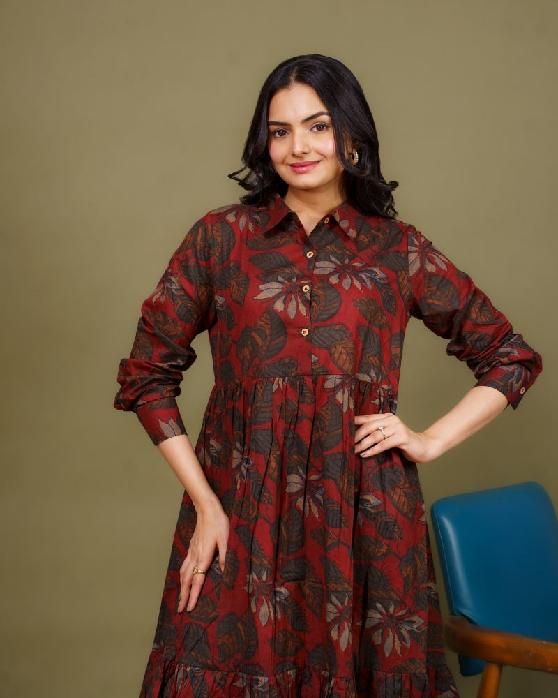 Ekisha's women maroon floral printed collared pure cotton midi dress, front view 3