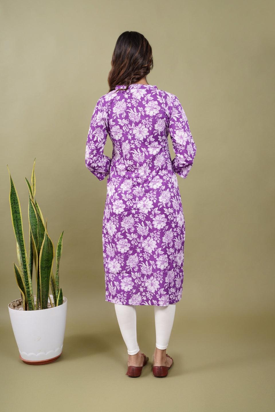 Ekisha women's cotton purple floral printed kurta kurti - Ekisha