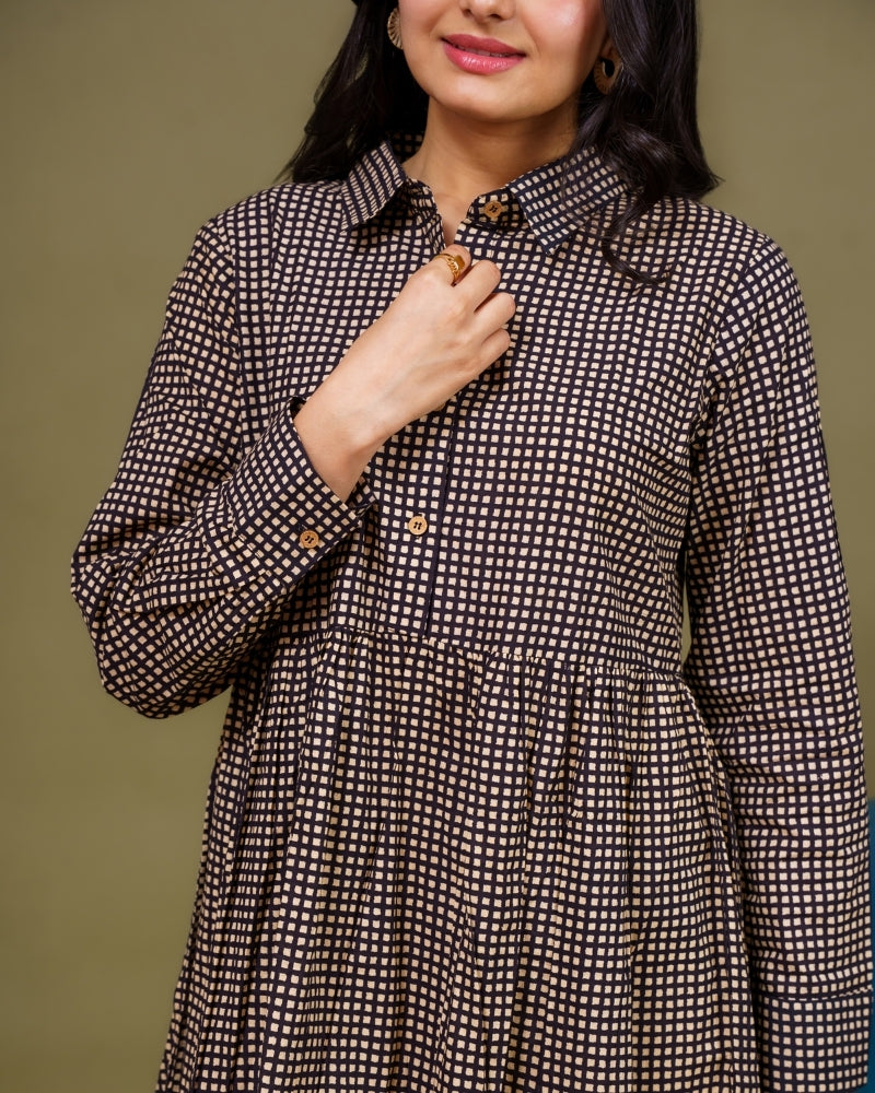 Ekisha's women black checks collared pure cotton midi dress, detailed view