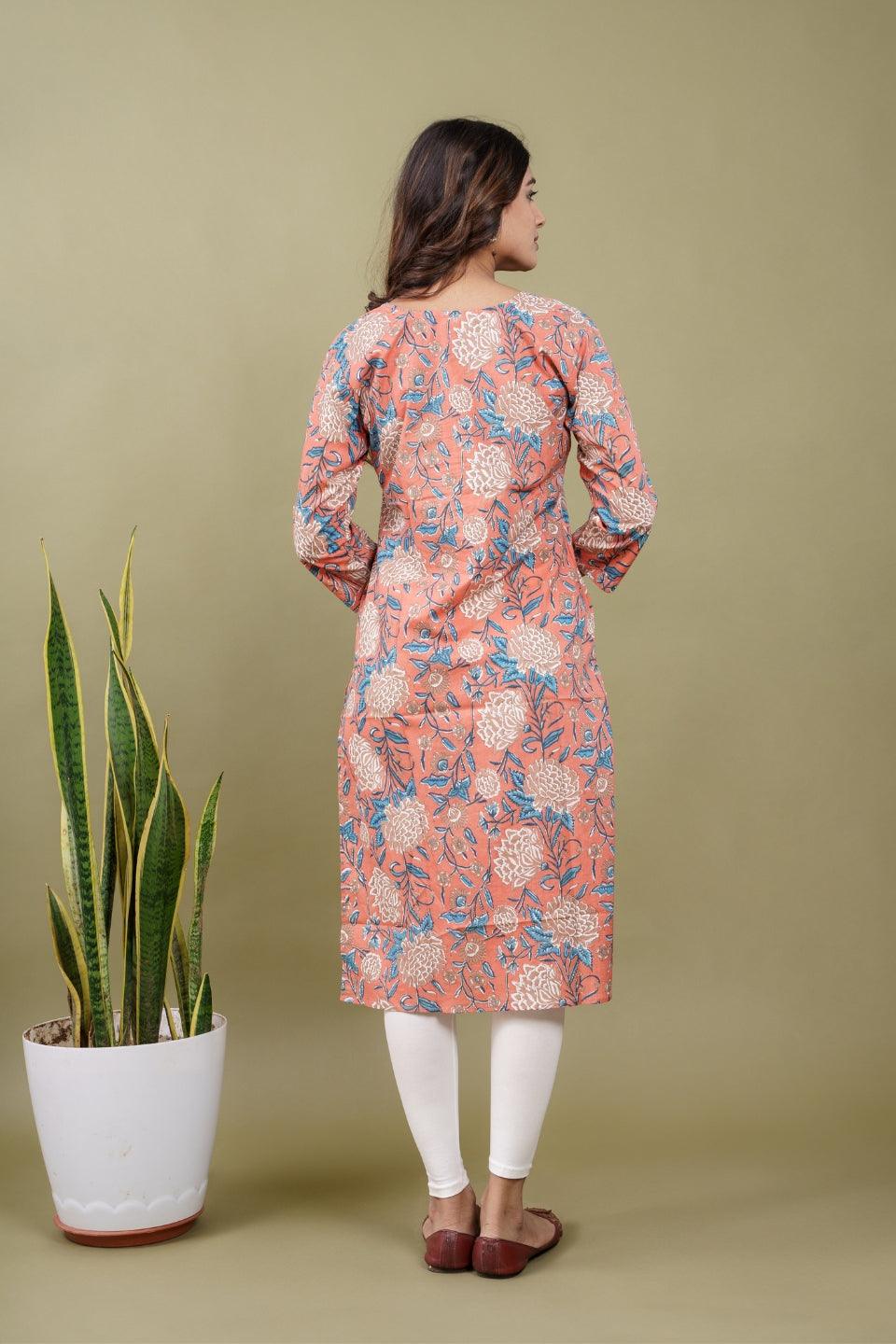 Ekisha women's peach beautiful designer printed multicolor floral printed straight kurta kurti - Ekisha