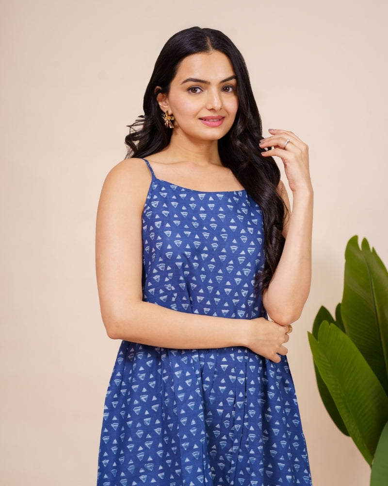 Ekisha's women blue abstract printed sleeveless pure cotton midi dress, detailed view