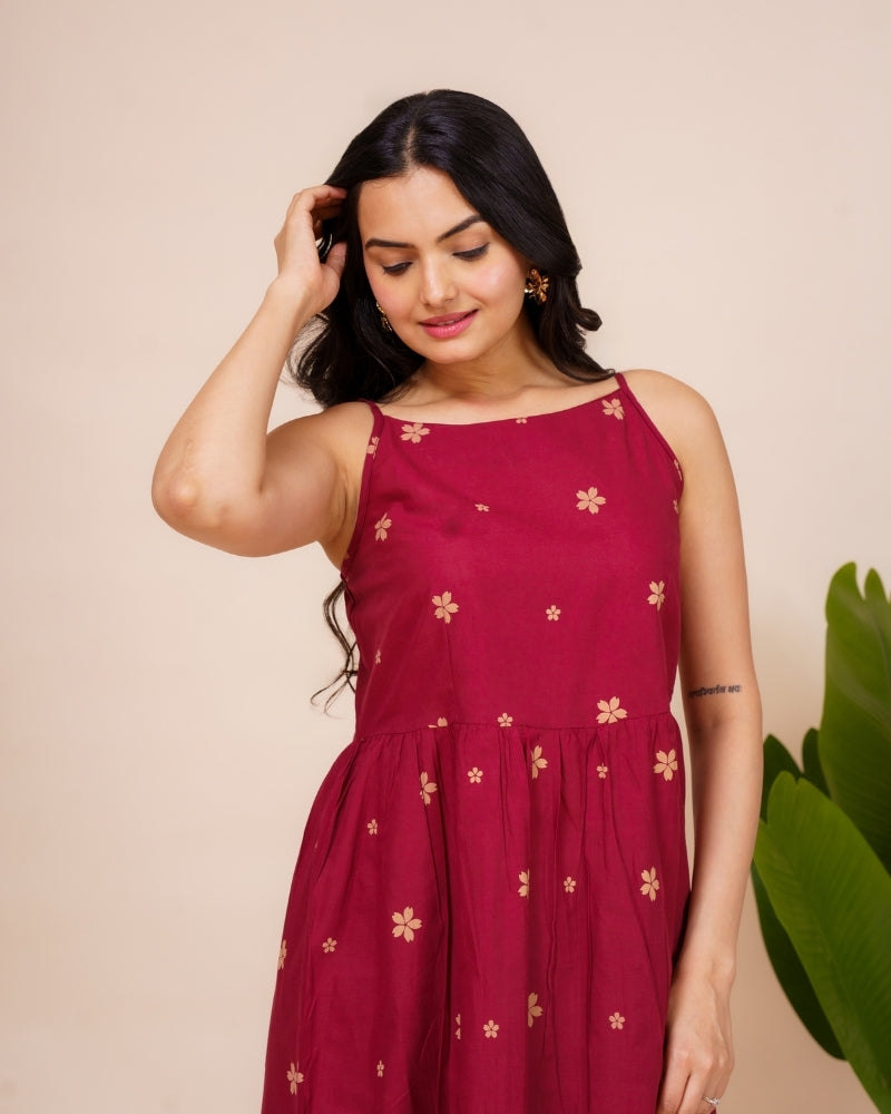 Ekisha's women dark wine floral printed sleeveless pure cotton midi dress, front view 4