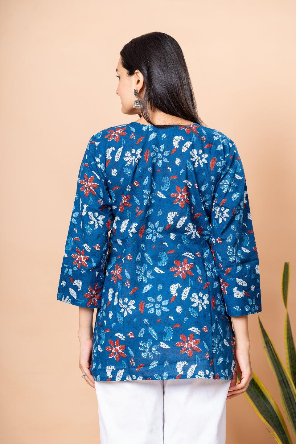 Ekisha's women blue designer floral printed cotton tunic top short kurti - Ekisha