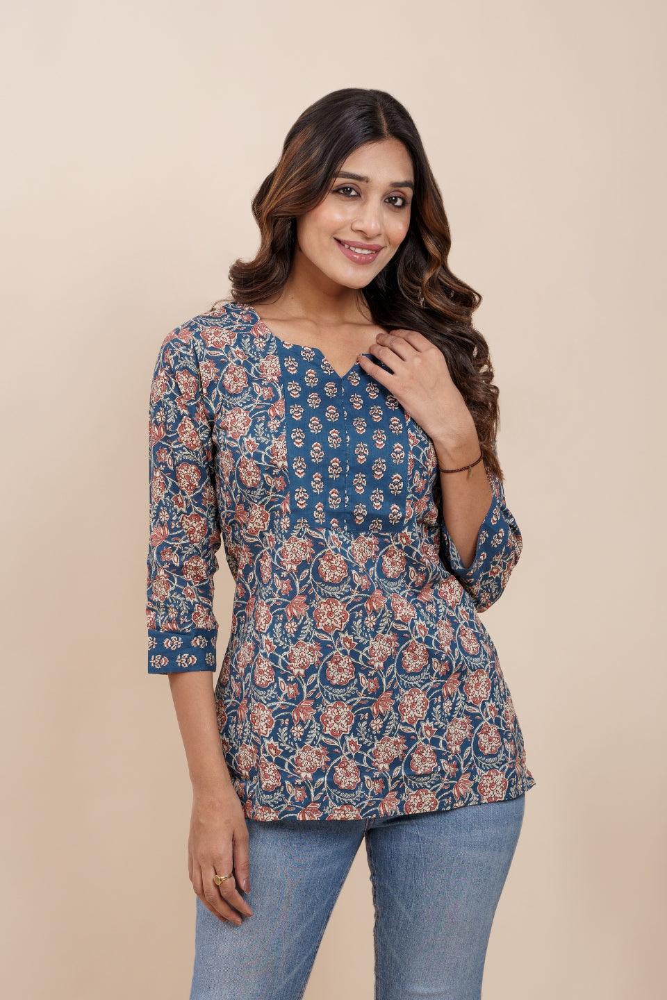 Ekisha's women blue beautiful designer floral printed cotton tunic top short kurti - Ekisha