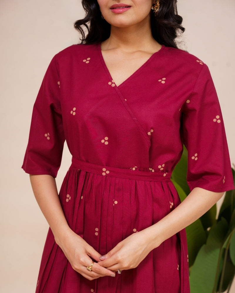 Ekisha's women dark wine printed V neck pure cotton midi dress, detailed view